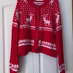 Old Navy Red Cardigan with Reindeer Pattern